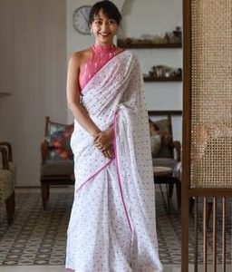 White Pure Cotton Polka Dots Printed Saree