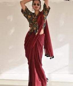 Maroon Solid Cotton Saree without Blouse