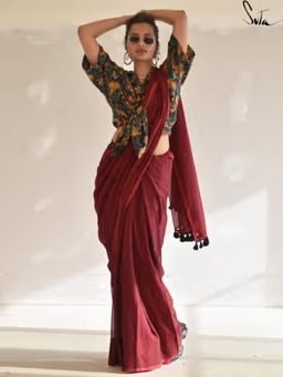Maroon Solid Cotton Saree without Blouse