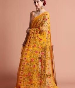 Party Wear Floral Embroidered Net Saree with Unstitched Blouse