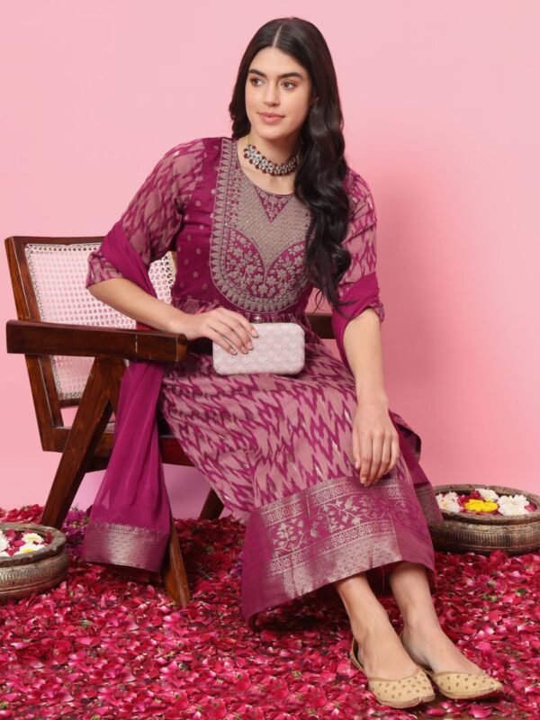 Vp 9534 Purple Cotton Silk Embroidery Kurti With Bottom Dupatta