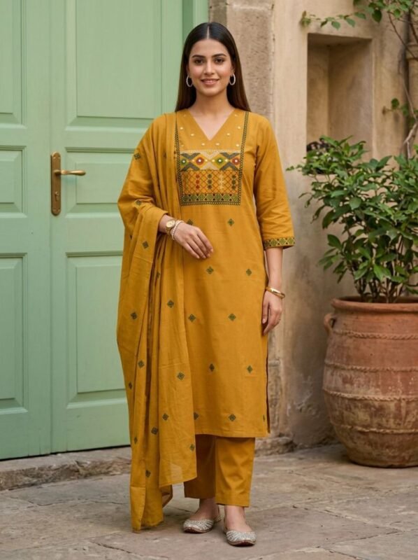 Naisha K 813 Cotton Embroidery Worked Kurti With Bottom Dupatta