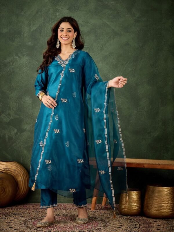 Vp 9731 Blue Silk Blend Embroidered Designer Kurti Pant With Dupatta