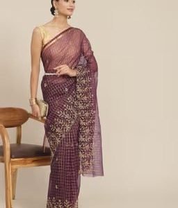 Womens Cotton Blend Purple Embroidered Saree with Unstitched Blouse