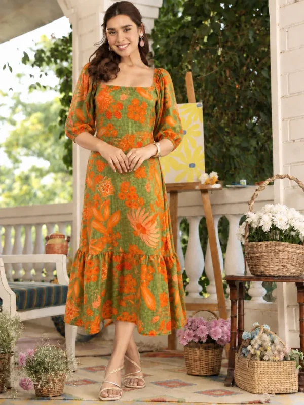 S 5105 Green Rayon Floral Printed Fancy One Piece