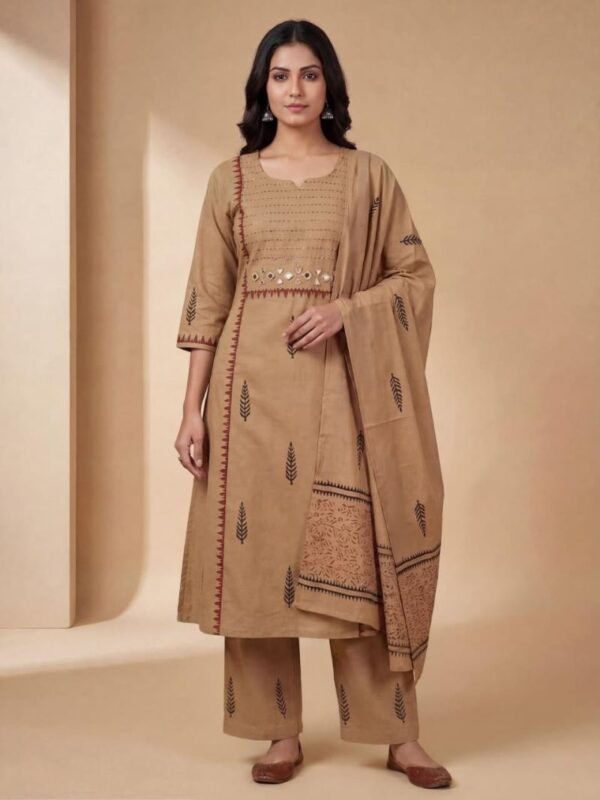 Vp 374 Cream Cotton Handworked Kurti With Bottom Dupatta