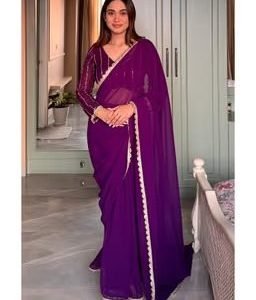 Purple Georgette Zari Work Saree with Stitched Blouse