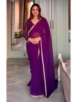 Purple Georgette Zari Work Saree with Stitched Blouse