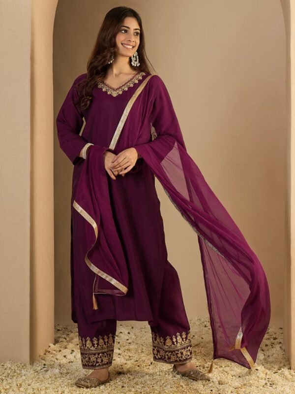 Vp 9676 Purple Silk Blend Embroidered Fancy Kurti With Bottom Dupatta
