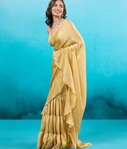 Rue de Ruffles Gold Satin Georgette Ready to Wear Ruffle Saree