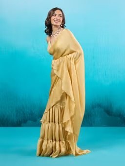 Rue de Ruffles Gold Satin Georgette Ready to Wear Ruffle Saree