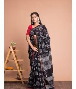 Floral Hand Block Printed Cotton Mulmul Saree with Unstitched Blouse – Black