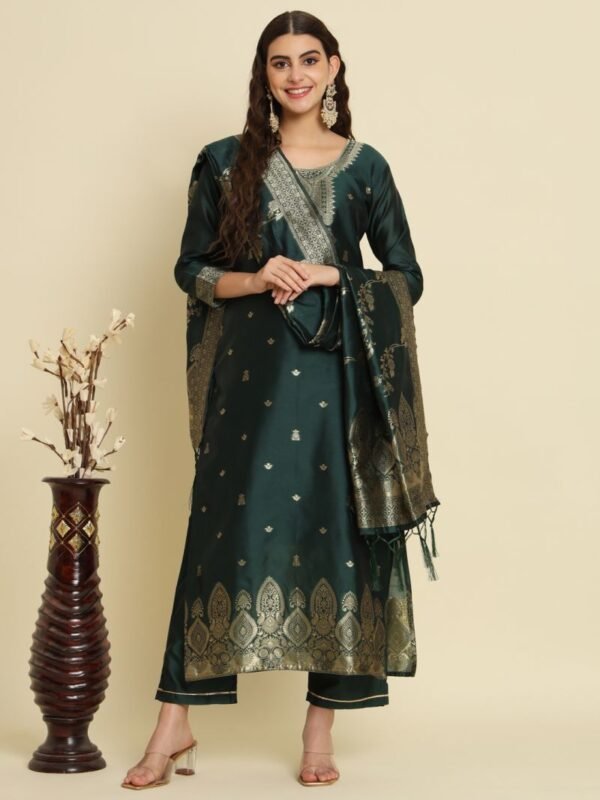 Vp 9476 Green Silk Jacquard Kurti With Bottom Dupatta