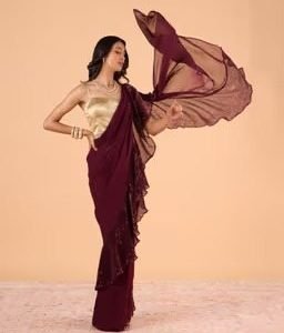 Rue De Ruffles Wine Georgette Sequined Ruffle SareeGGRRSAR06 (Free Size)