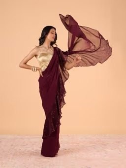 Rue De Ruffles Wine Georgette Sequined Ruffle SareeGGRRSAR06 (Free Size)