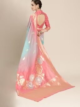Blue And Pink Festive Wear Silk Blend Woven Saree With Unstitched Blouse with Unstitched