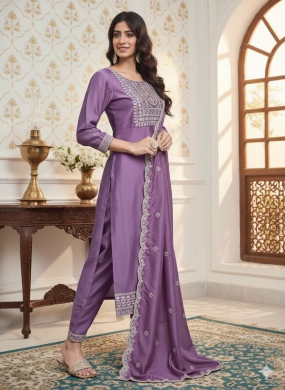 9star Fashion Rumeha Viscose Embroidered Kurti Pant And Dupatta Collection