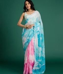Desert Rani Tie Dye & Diamonte Blue Georgette Saree with Unstitched Blouse