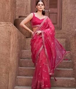 Pink Sequined Saree with Unstitched Blouse