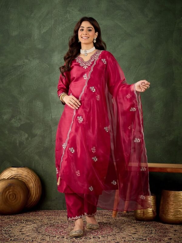 Vp 9731 Cherry Red Silk Blend Embroidery Kurti Set Collection
