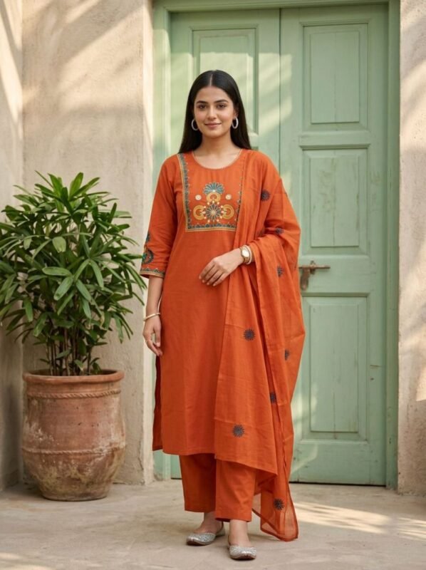 Naisha K 814 Cotton Embroidered Kurti With Bottom Dupatta