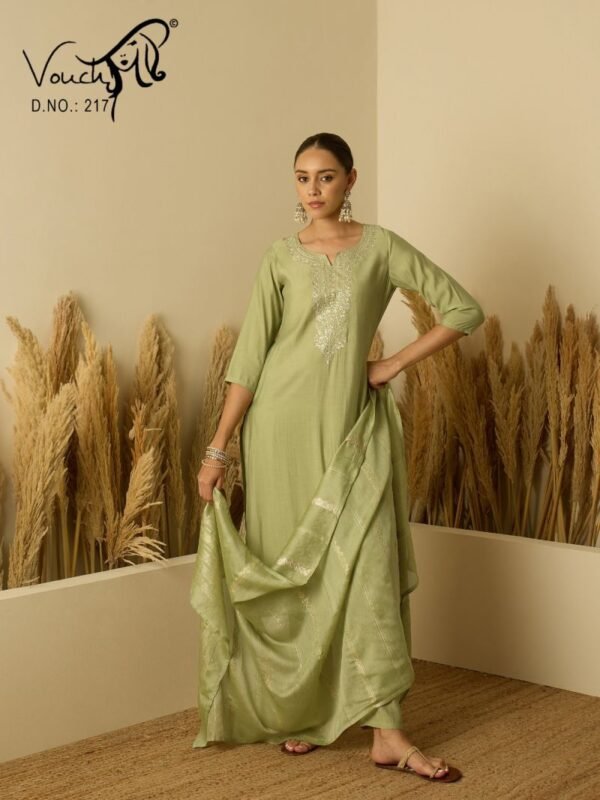 Vouch 217 To 220 Roman Silk Embridered Kurti With Bottom Dupatta
