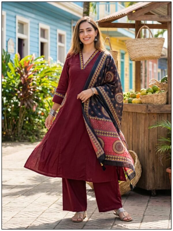 Naisha K 704 Dhabu Cotton A Line Kurti Pant And Dupatta Collection
