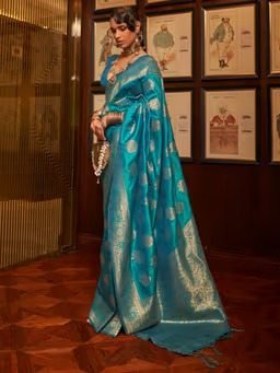 Womens Silk Blend Blue Woven Design Handloom Saree with Unstitched Blouse