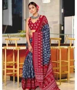 Grey Printed Soft Pure Cotton Saree with Unstitched Blouse