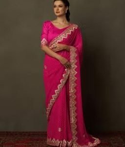 Women Georgette Pink Embellished Designer Saree with Unstitched Blouse
