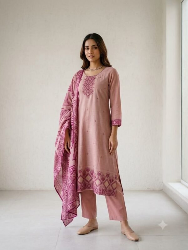 Naisha K 1313 Jamdani Silk Aline Embroidered Kurti With Bottom Dupatta