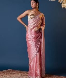 Glitterati Pink Shimmery Diamante Silky Chiffon Saree GGSAR19 (Free Size)