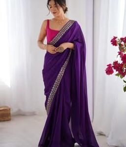 Women Pure Georgette Purple Embellished Saree with Unstitched Blouse
