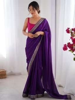 Women Pure Georgette Purple Embellished Saree with Unstitched Blouse
