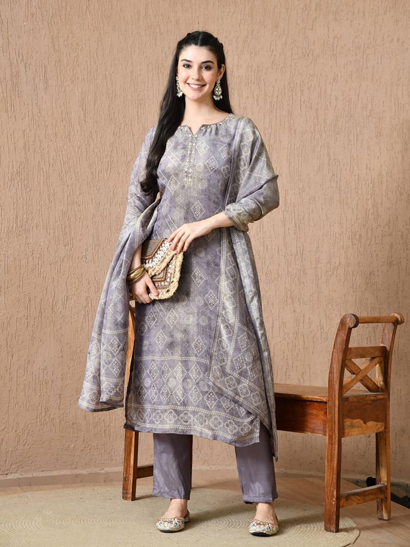 Hr R 1156 Shimmer Bandhani Printed Kurti With Pant Dupatta