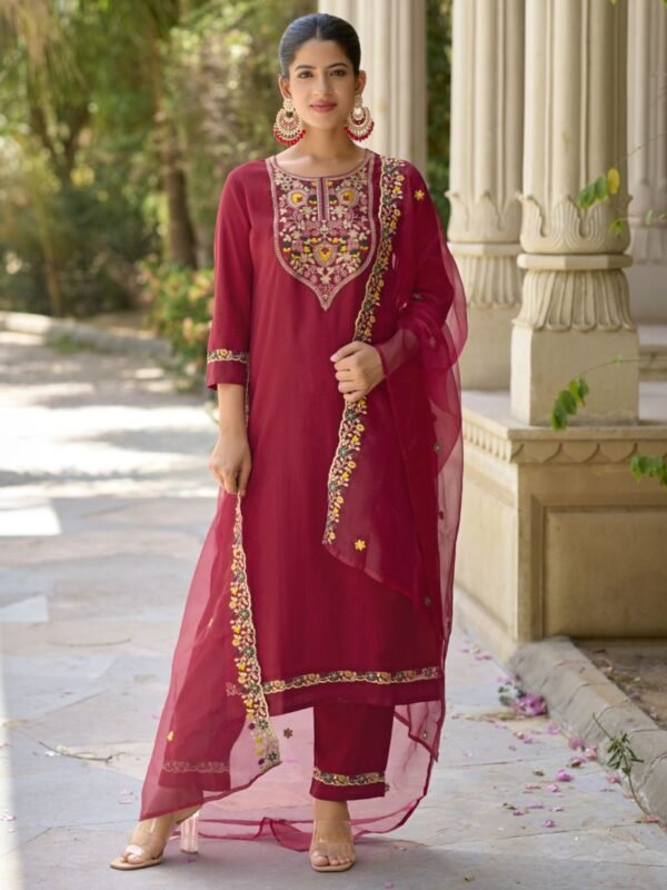 Vp 9580 Maroon Viscose Rayon Kurta With Bottom Dupatta