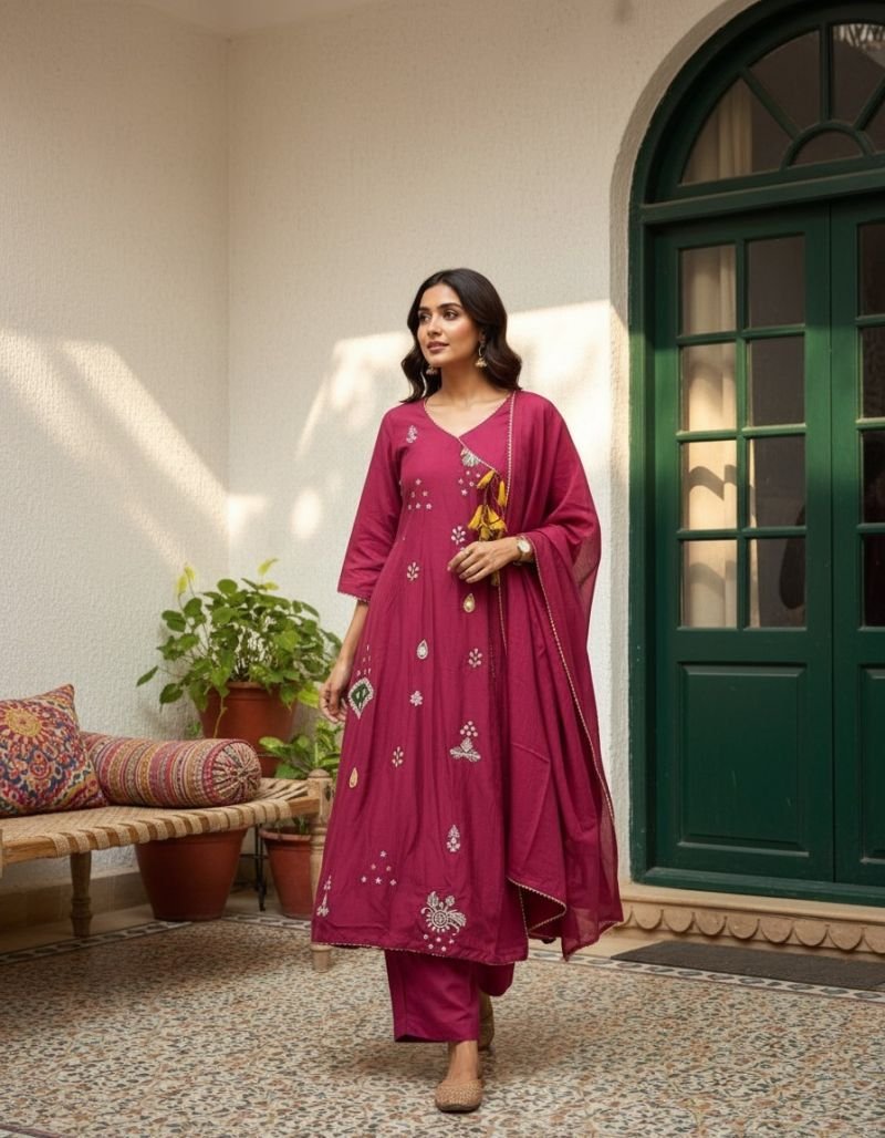 Naisha K 1428 Mul Chanderi Hand Work Fancy Kurti With Bottom Dupatta