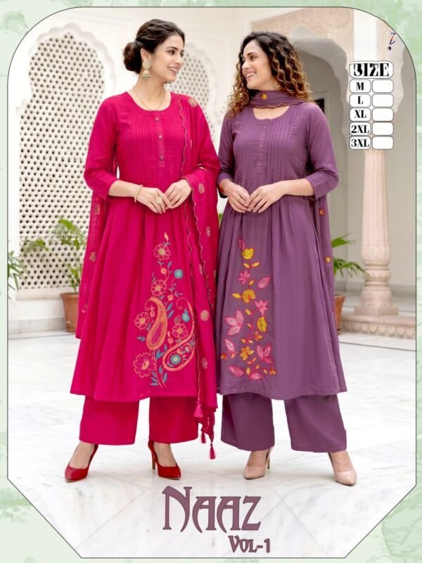 Naaz Vol 1 Roman Silk Embroidery Worked Kurti Pant With Dupatta