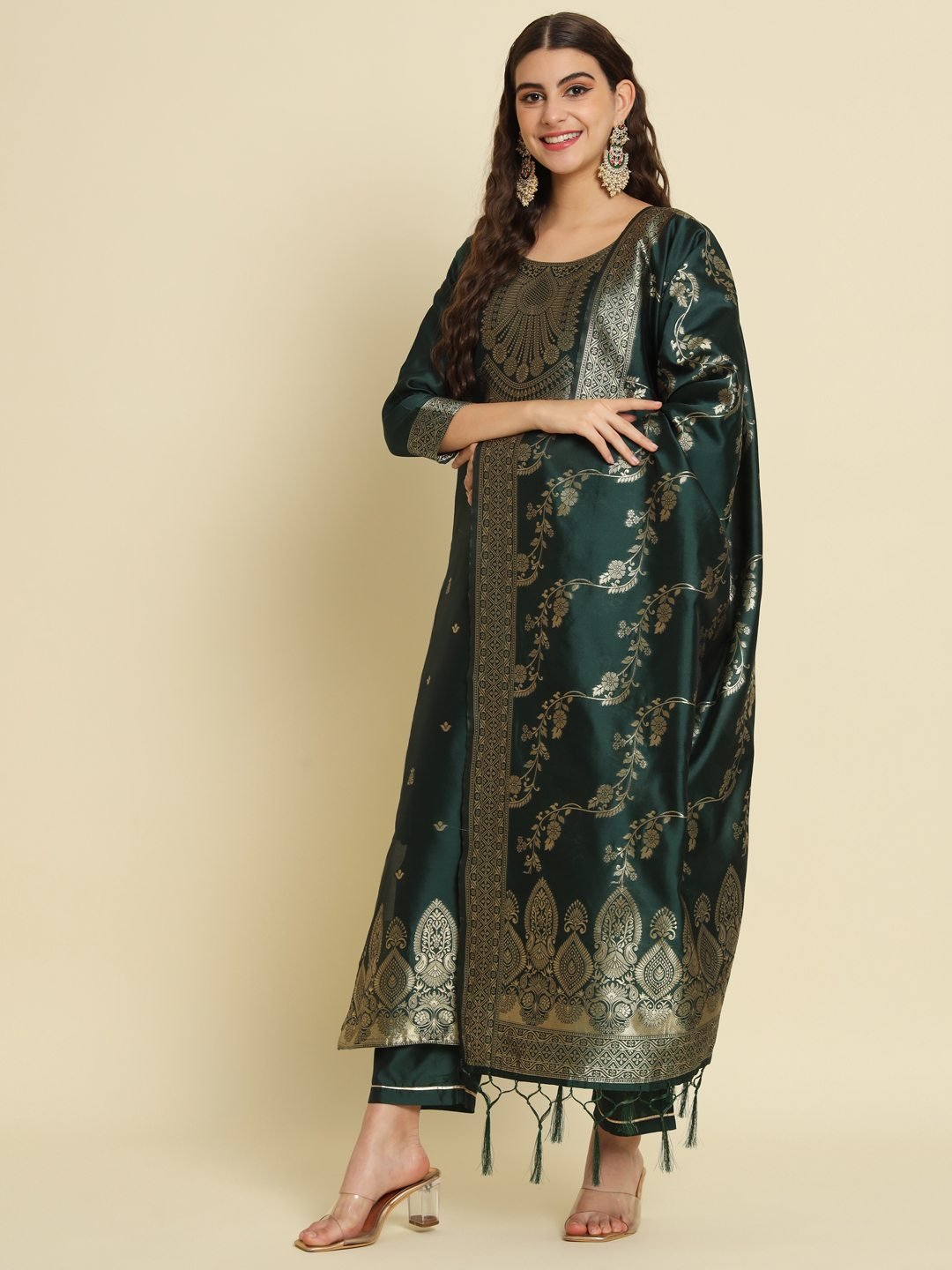 Vp 9476 Green Silk Jacquard Kurti With Bottom Dupatta - Image 2