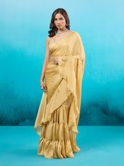Rue de Ruffles Gold Satin Georgette Ready to Wear Ruffle Saree - Image 2