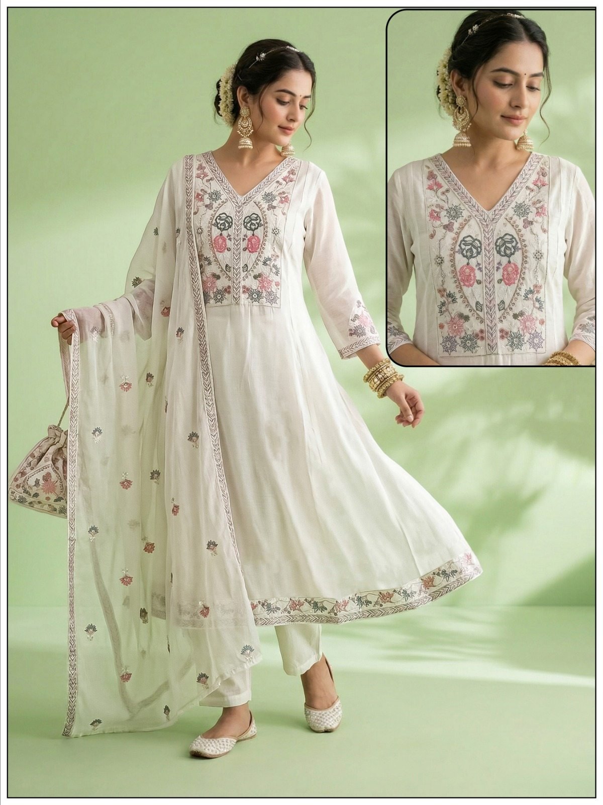 Naisha K 819 Mul Chanderi Embroidered Fancy Kurti With Bottom Dupatta - Image 2