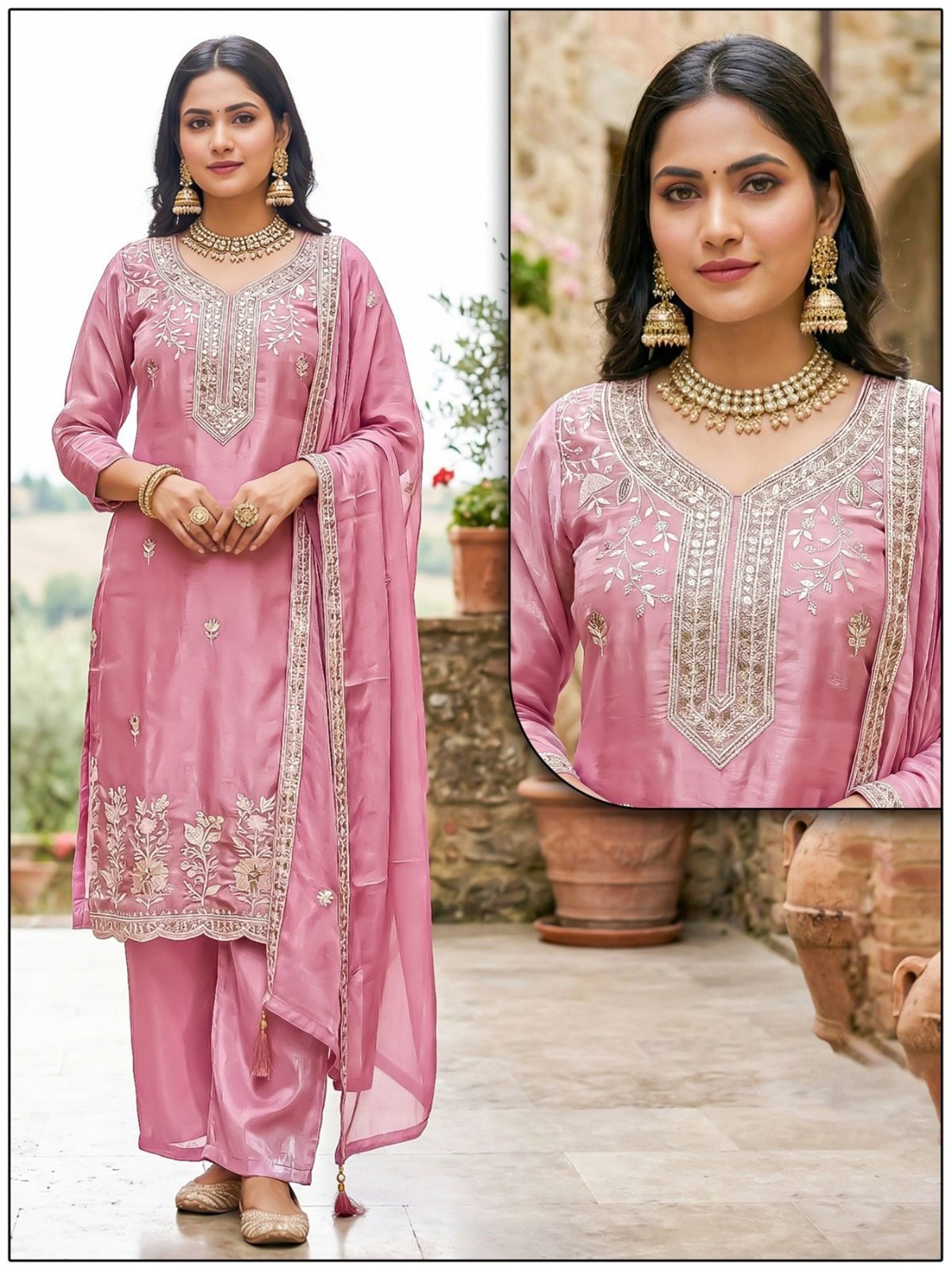Naisha K 693 Roman Glass With Work Kurti Plazzo And Dupatta Collection - Image 2