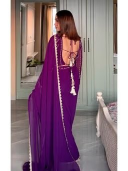 Purple Georgette Zari Work Saree with Stitched Blouse - Image 2