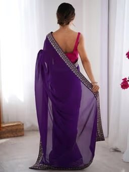 Women Pure Georgette Purple Embellished Saree with Unstitched Blouse - Image 2