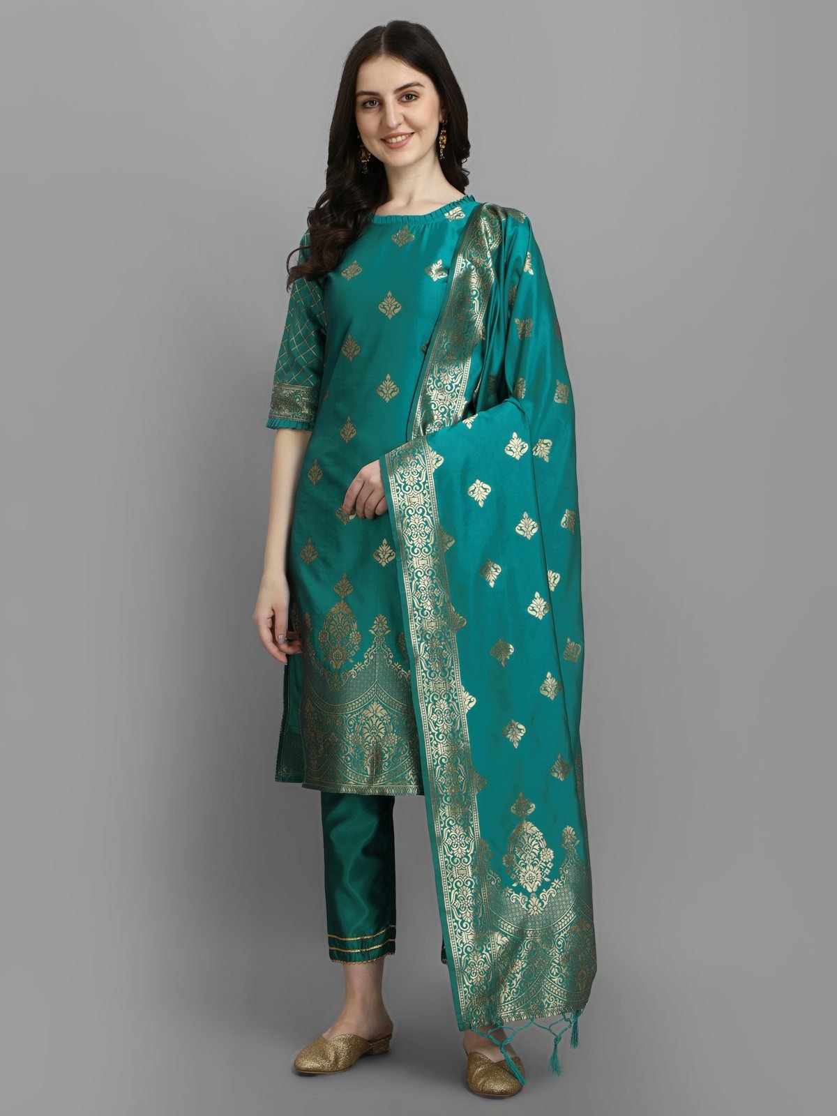 Vp 9211 Rama Cotton Silk Embroidery Kurti With Bottom Dupatta - Image 3