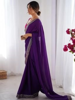 Women Pure Georgette Purple Embellished Saree with Unstitched Blouse - Image 3