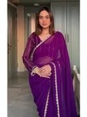Purple Georgette Zari Work Saree with Stitched Blouse - Image 3