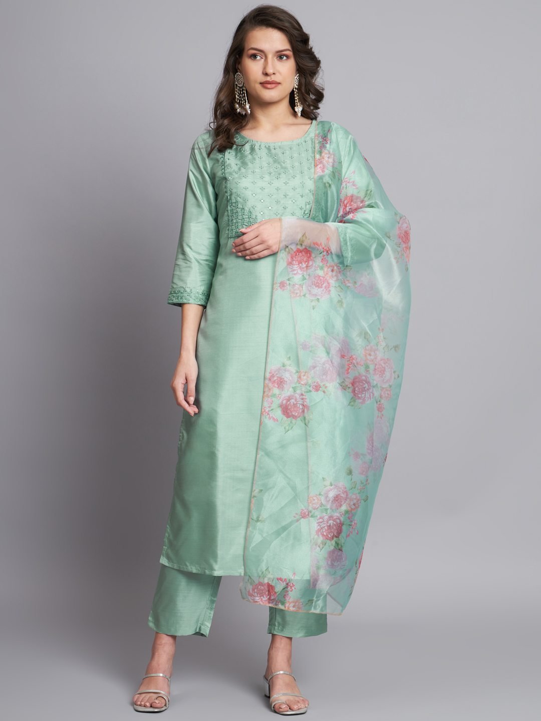 Vp 9199 Sea Green Silk Blend Embroidered Kurti Set Collection - Image 3