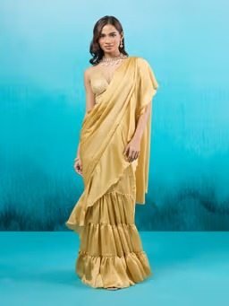 Rue de Ruffles Gold Satin Georgette Ready to Wear Ruffle Saree - Image 3