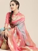 Blue And Pink Festive Wear Silk Blend Woven Saree With Unstitched Blouse with Unstitched - Image 3